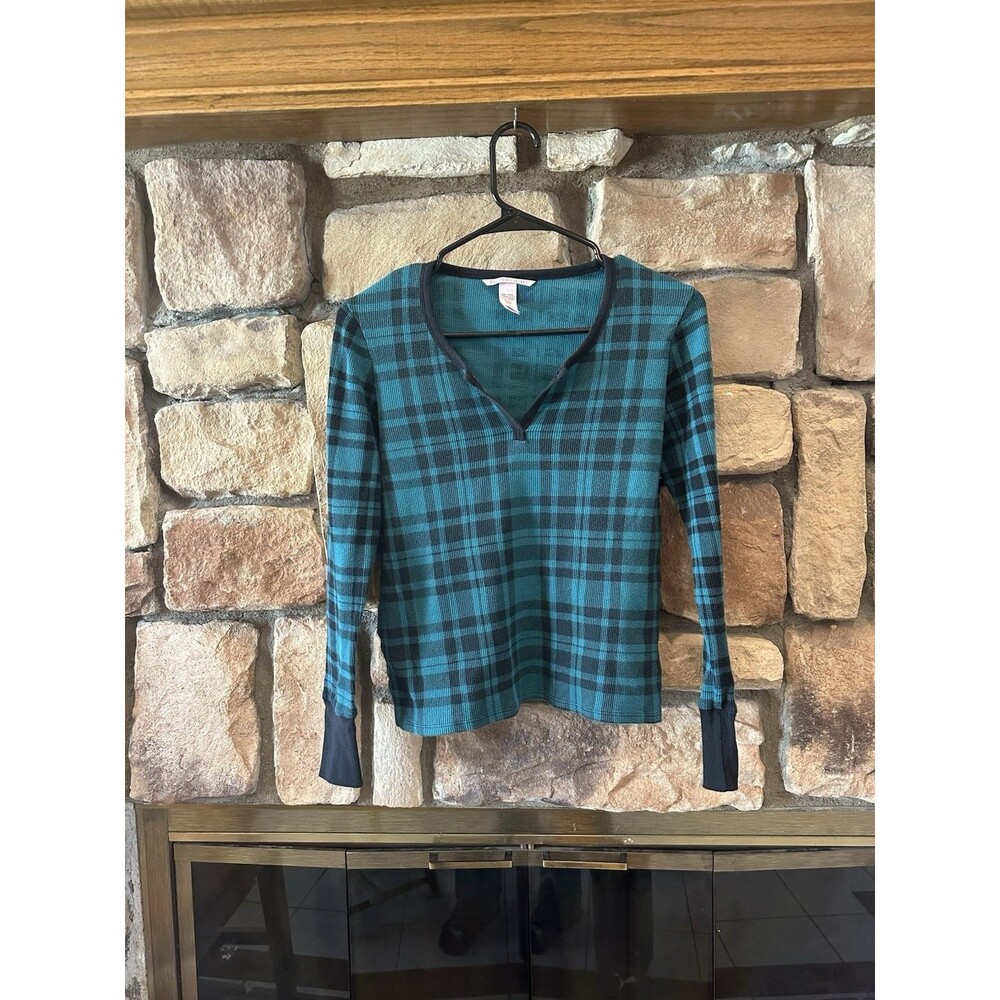 Victoria’s Secret Y2K 2022 Top Thermal Black Long Sleeve Green Sz M Plaid Waffle
